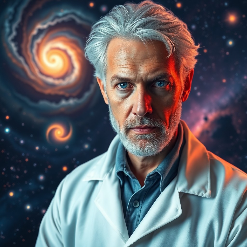 AI generated art for prompt: Imagine an ultra-realistic portrait of a distinguished scientist with silver hair and piercing blue 