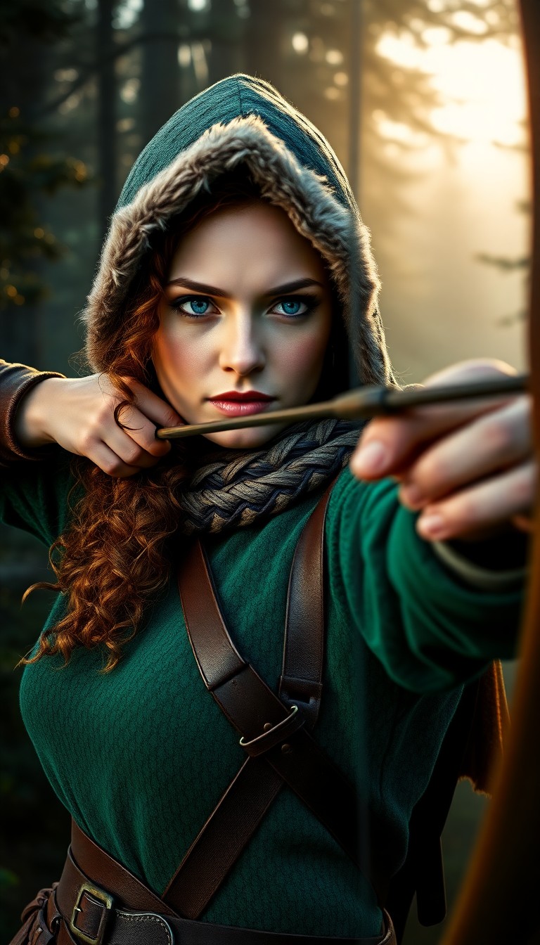 AI generated art for prompt: A superrealistic portrait of a female archer conveys her unwavering focus as she aims an arrow at an