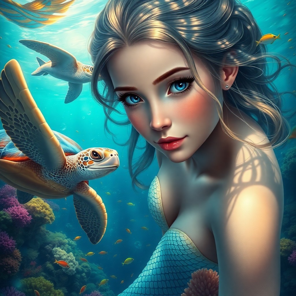 AI generated art for prompt: Create an image of a super-realistic digital painting of a mesmerizing mermaid. Her scales shimmer w