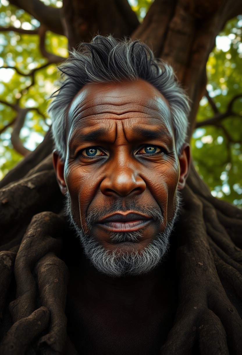 AI generated art for prompt: Create a superrealistic portrait of a middle-aged Caribbean man with rugged yet refined features. Hi