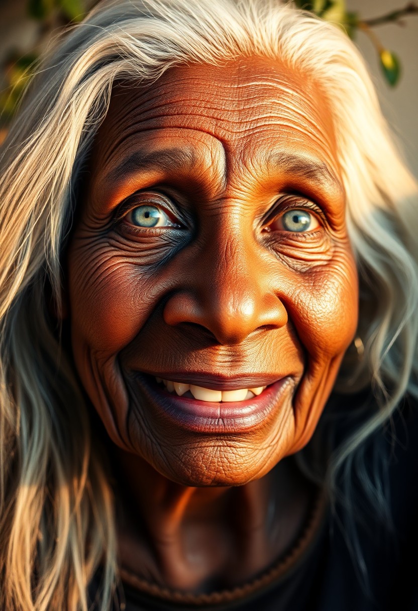 AI generated art for prompt: Create a captivating portrait of an elderly Caribbean woman with venerable skin and deep lines aroun