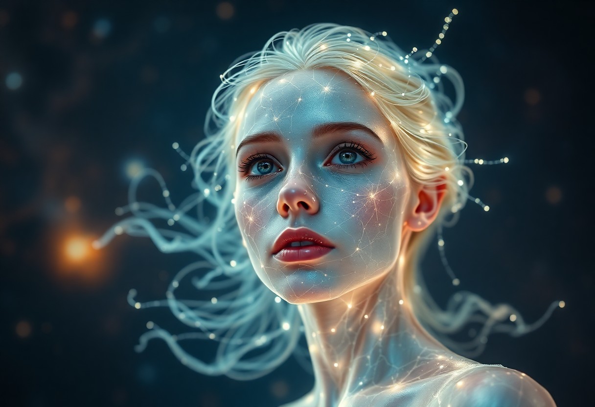 AI generated art for prompt: A hyperrealistic portrait captures the ethereal beauty of a celestial being with shimmering, iridesc