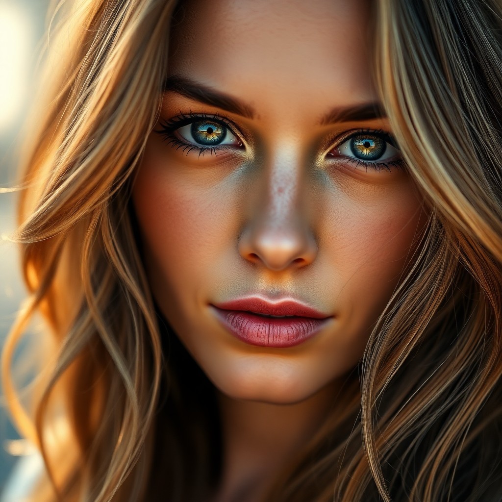 AI generated art for prompt: Create a captivating, photorealistic portrait of a Caucasian woman with sun-kissed hair flowing in s