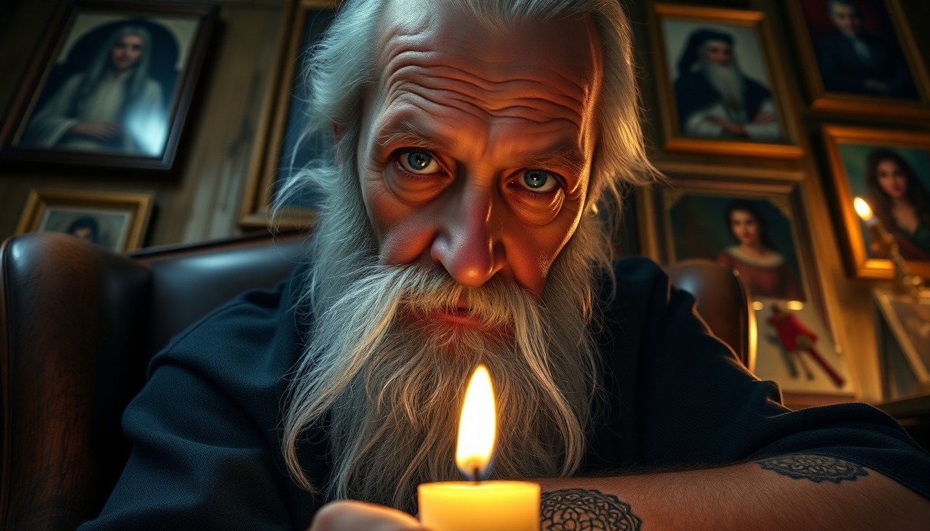 AI generated art for prompt: Imagine a close-up portrait of an aged wizard with gentle blue eyes and a flowing white beard, bathe