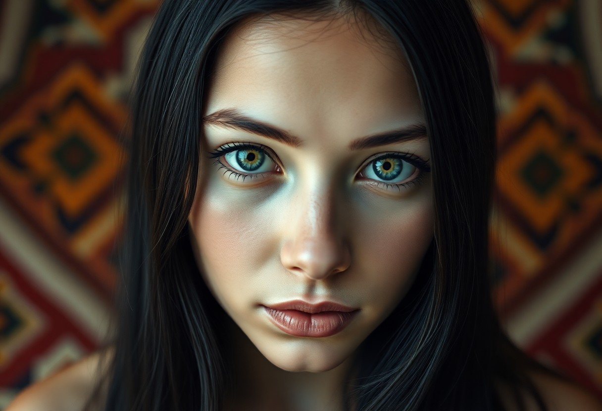 AI generated art for prompt: Visualize a hyper-realistic portrait from a high angle that captures the enigmatic gaze of a young N