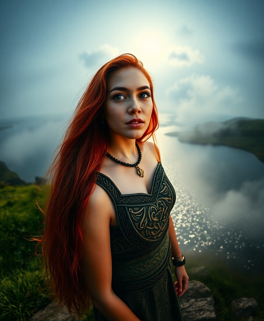 AI generated art for prompt: Imagine a captivating portrait of a young Polynesian woman, her vibrant red hair flowing down to her