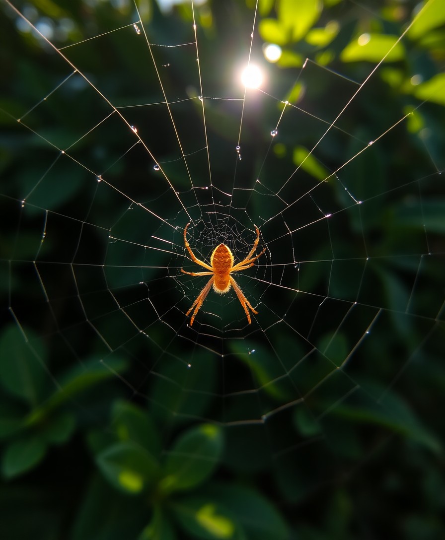 AI generated art for prompt: A portrait from a 'bug's-eye view' captures the intricate details of a delicate spider weaving its w