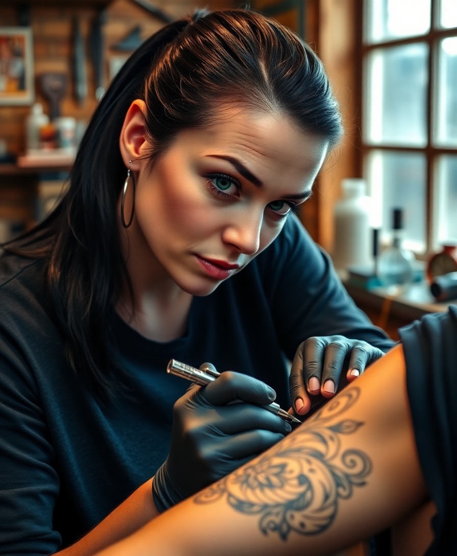 AI generated art for prompt: A captivating portrait of a tattoo artist in her mid-thirties showcases sharp features and lustrous 