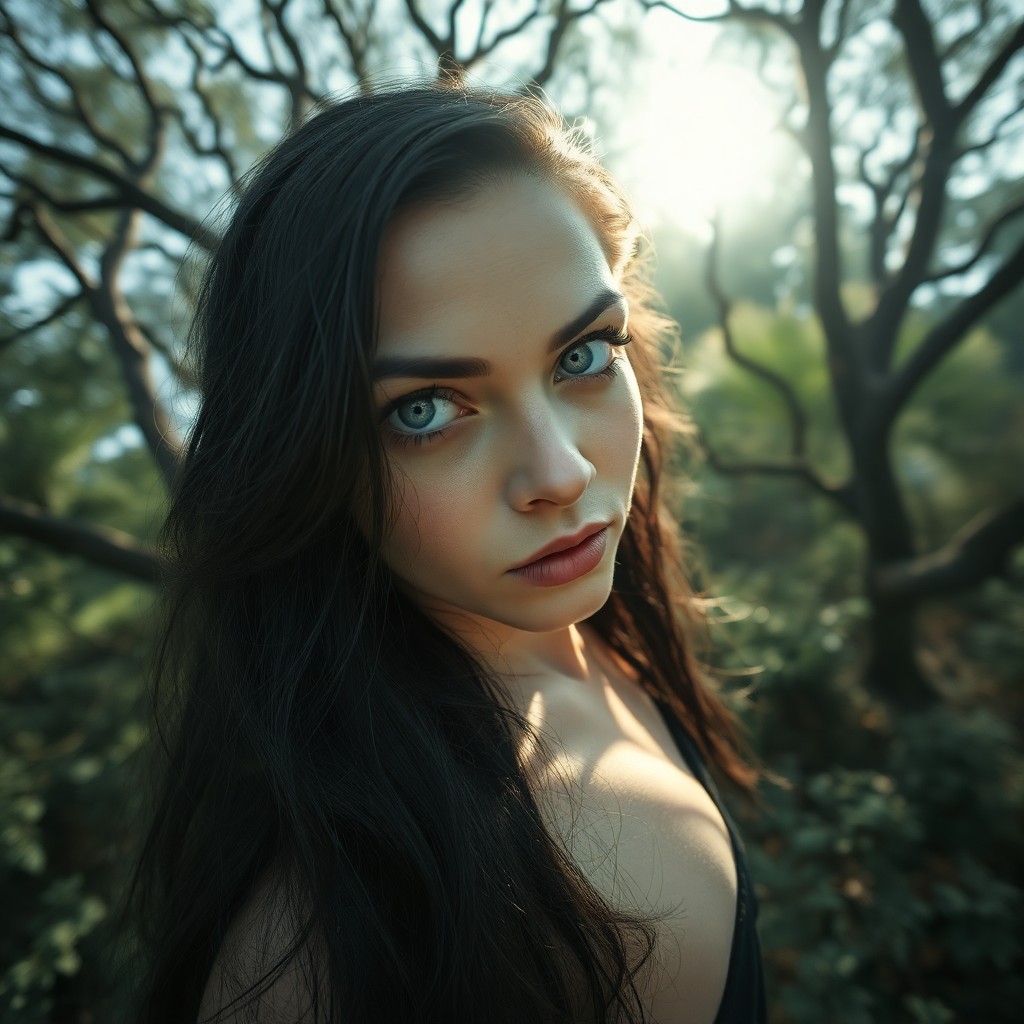 AI generated art for prompt: A mirrorless camera captures a captivating figure with piercing silver eyes and raven hair cascading