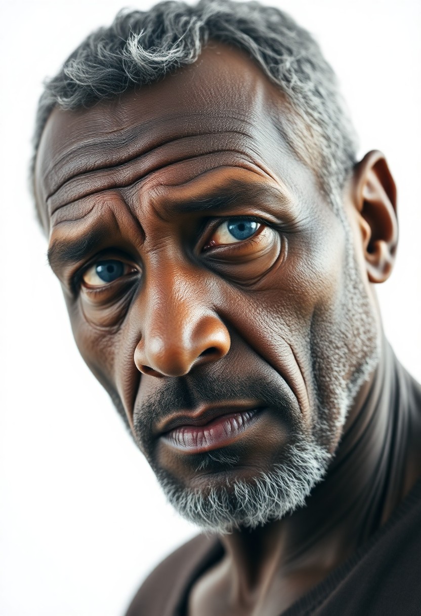 AI generated art for prompt: Create a photorealistic portrait of a middle-aged African man with rugged features and warm, blue ey