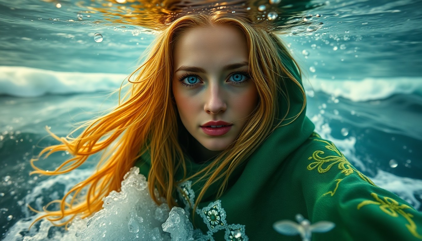 AI generated art for prompt: A captivating female portrait captures a unique underwater perspective amidst a stormy seascape. Her