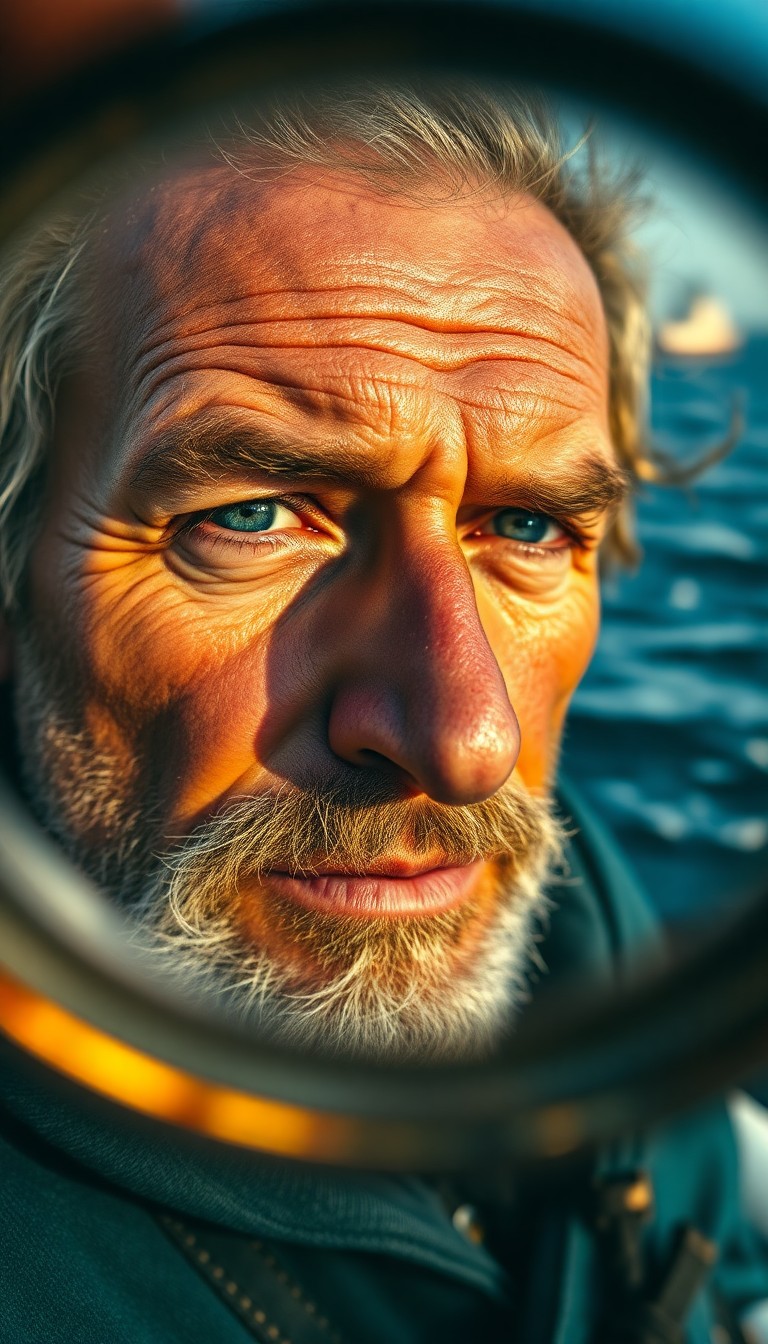 AI generated art for prompt: A portrait of a rugged fisherman, his face weathered by the sun, revealing a man of the sea with com