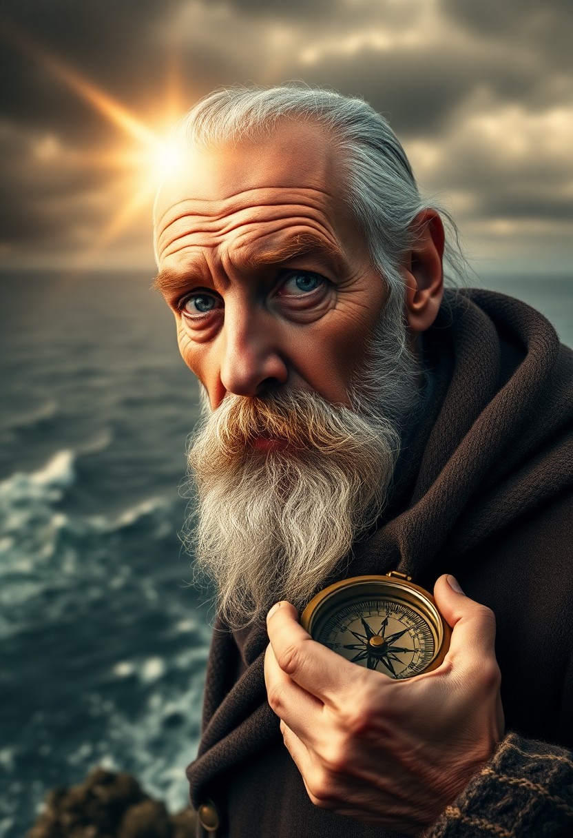 AI generated art for prompt: Imagine a portrait of an old sea captain with a salt-and-pepper beard and gentle blue eyes, reminisc