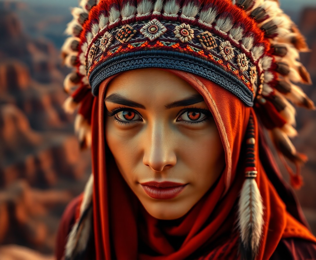 AI generated art for prompt: A photorealistic portrait photograph captures a Middle Eastern woman's enigmatic gaze beneath a trad