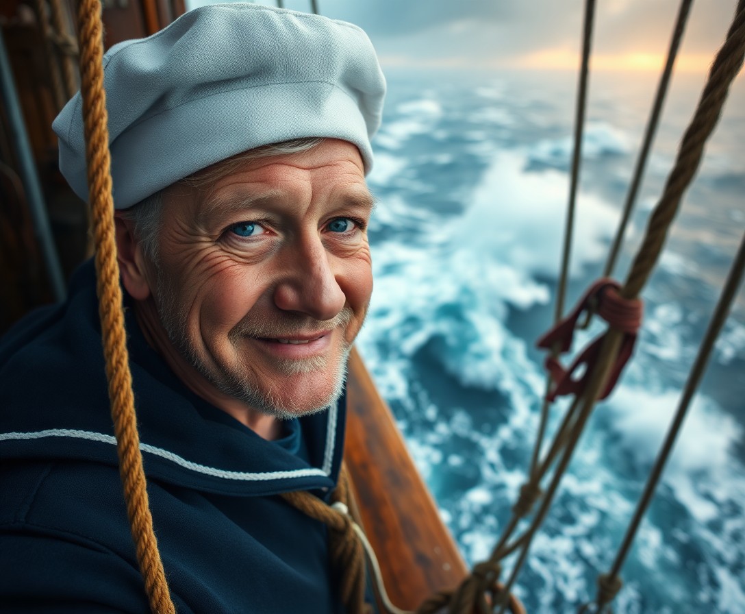 AI generated art for prompt: Picture a portrait of an old-school sailor, his warm smile and unfocused blue eyes reflecting years 