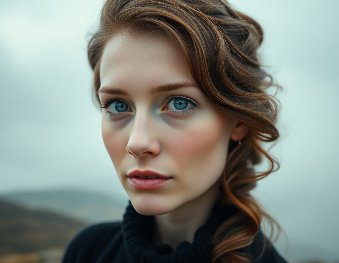 AI generated art for prompt: Create a photorealistic portrait of a Slavic woman with melancholic blue eyes and soft, chestnut-hue