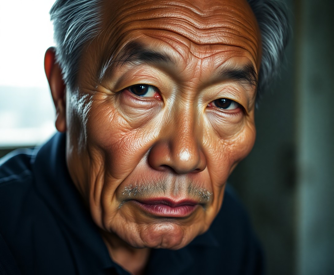 AI generated art for prompt: A close-up portrait of a middle-aged East Asian man with deep wrinkles, reflecting wisdom and resili