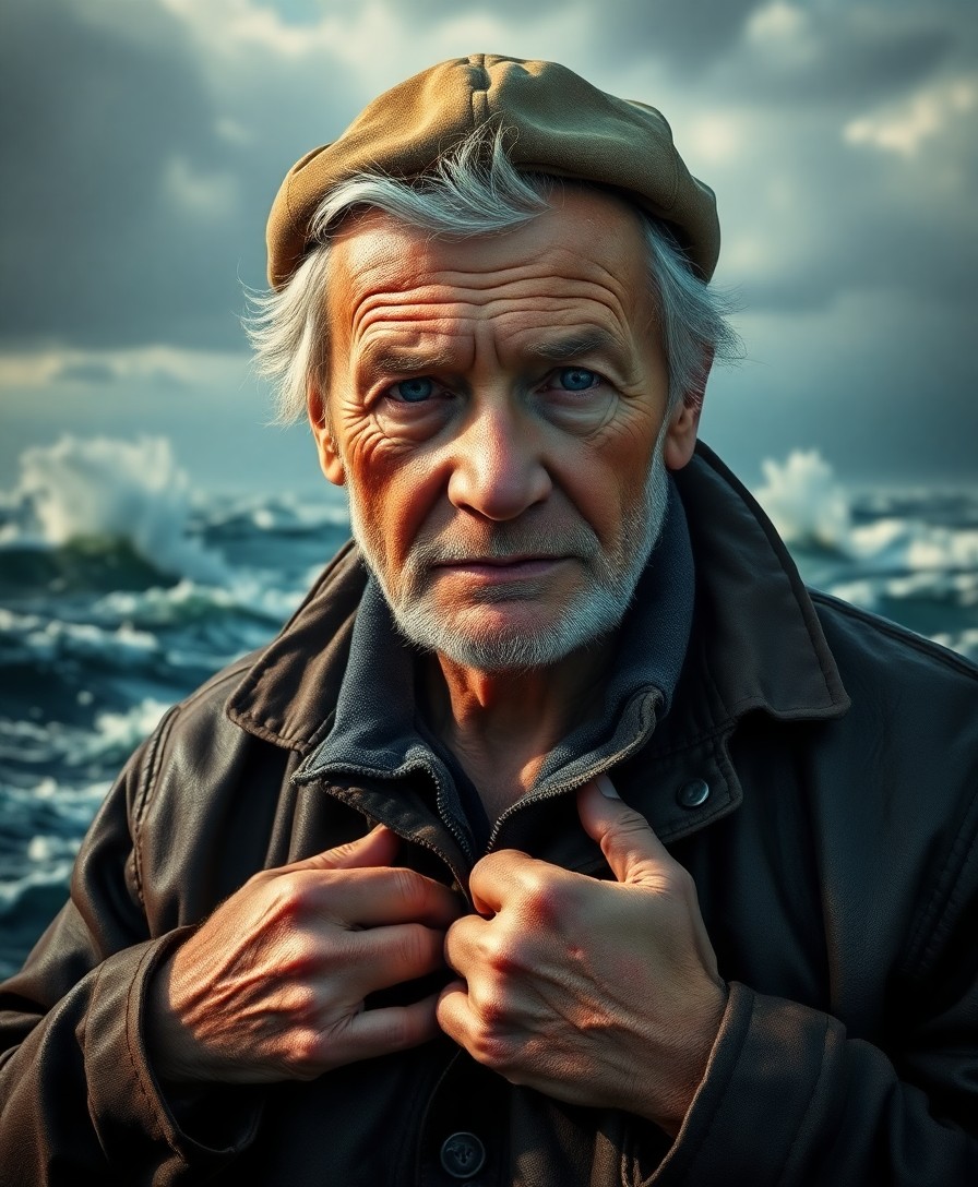 AI generated art for prompt: Craft a photorealistic portrait of an aged fisherman with sun-lightened hair and serene blue eyes, h