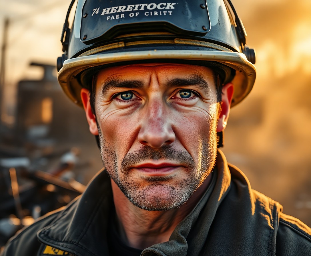 AI generated art for prompt: Craft a photorealistic portrait of an experienced firefighter with rugged features and tender blue e