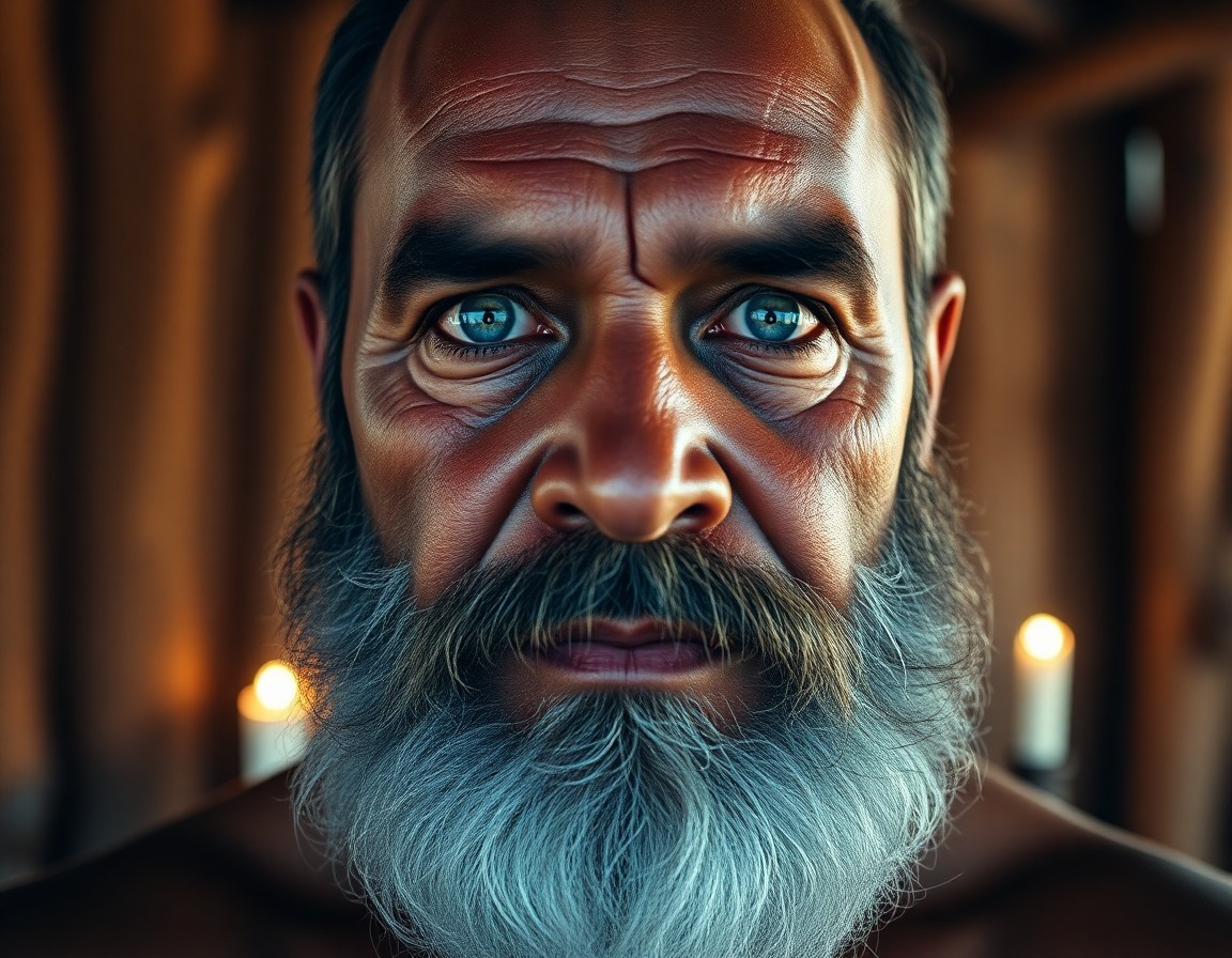 AI generated art for prompt: A photorealistic portrait of a robust 50-year-old Melanesian man with gentle blue eyes and an impres