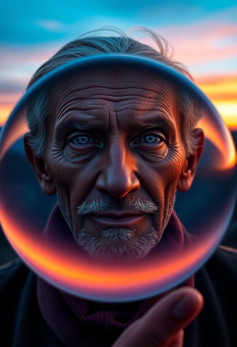 AI generated art for prompt: Craft a hyperrealistic portrait of an aged Hispanic man with serene blue eyes amidst a tranquil moun