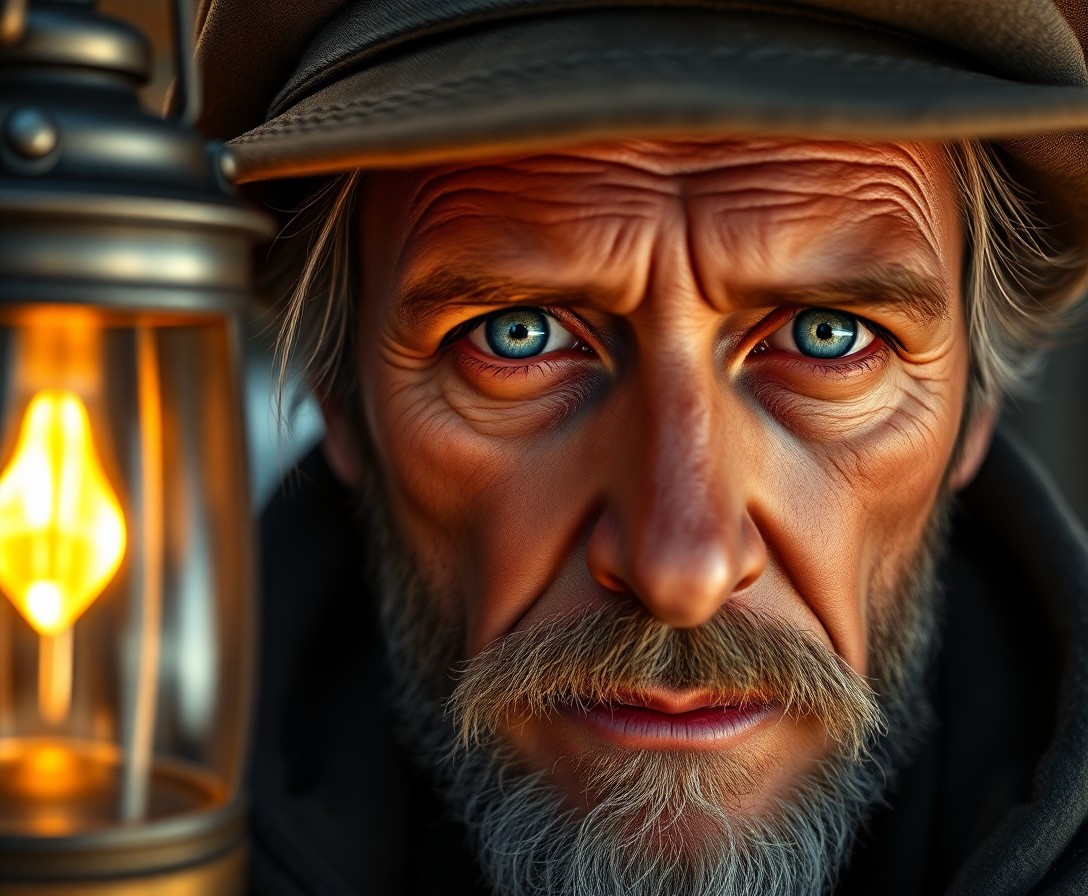 AI generated art for prompt: A hyperrealistic portrait showcasing an old-school sailor with serene blue eyes, his face bearing th