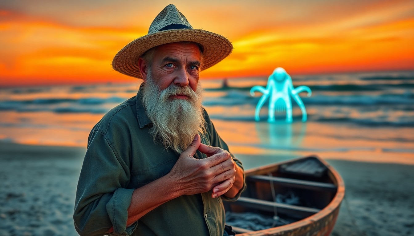 AI generated art for prompt: Craft an engaging environmental portrait of a shabby-chic elderly fisherman with unfocused blue eyes