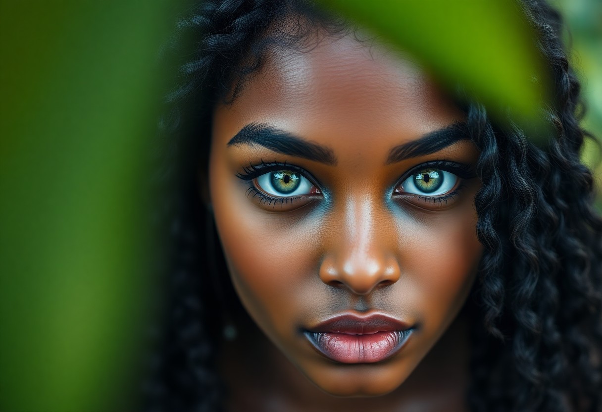 AI generated art for prompt: Visualize a photorealistic portrait of a young Caribbean woman with captivating green eyes and lush 