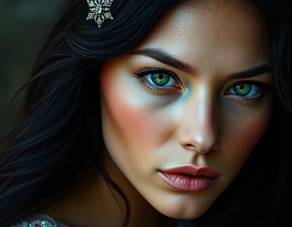 AI generated art for prompt: Imagine a super-realistic portrait of an enigmatic Latin American woman with piercing emerald eyes s