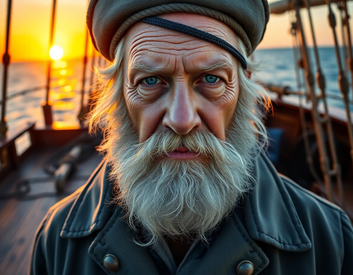 AI generated art for prompt: Render a highly detailed portrait of an esteemed sea captain, his weathered face adorned with deep w