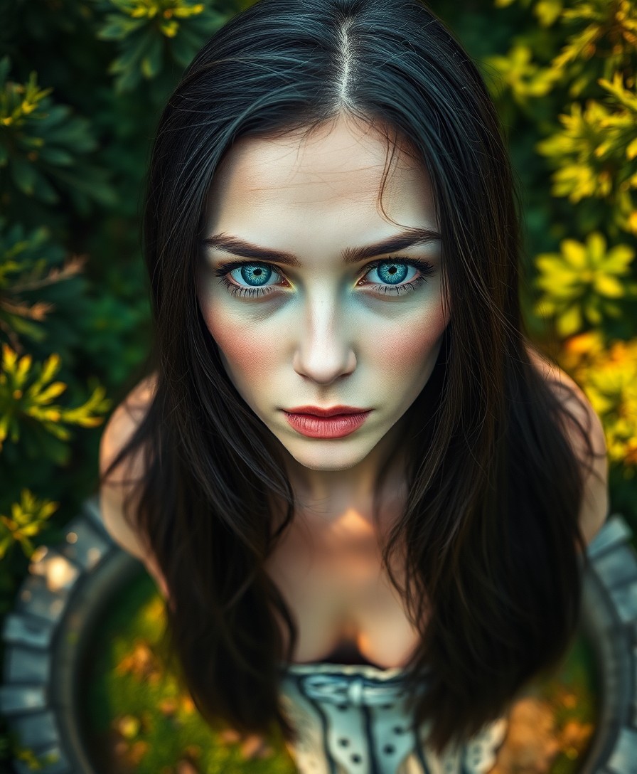 AI generated art for prompt: A captivating photorealistic portrait of a solitary Nordic woman with hazy blue eyes and raven-black