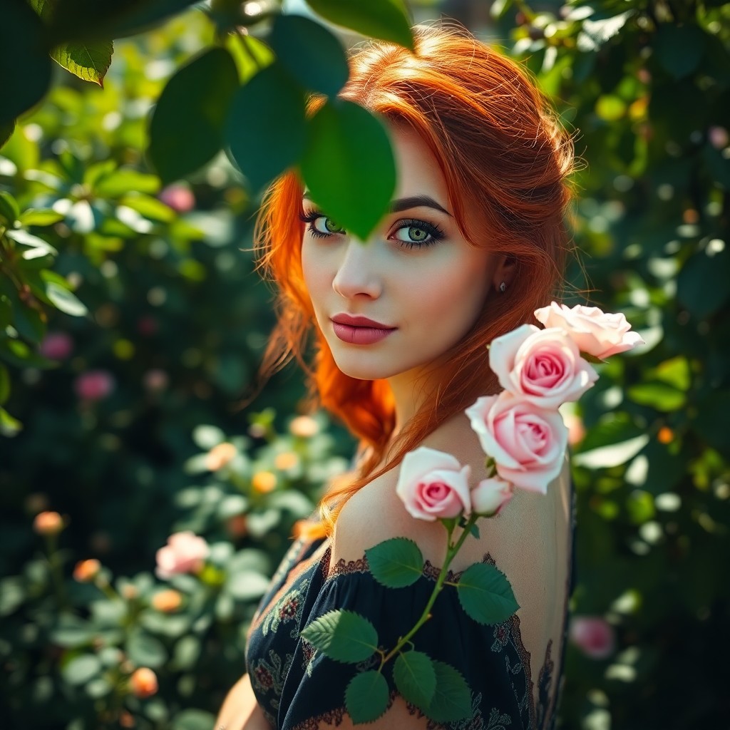 AI generated art for prompt: A captivating Middle Eastern woman with fiery red hair stands confidently in a lush green garden, su