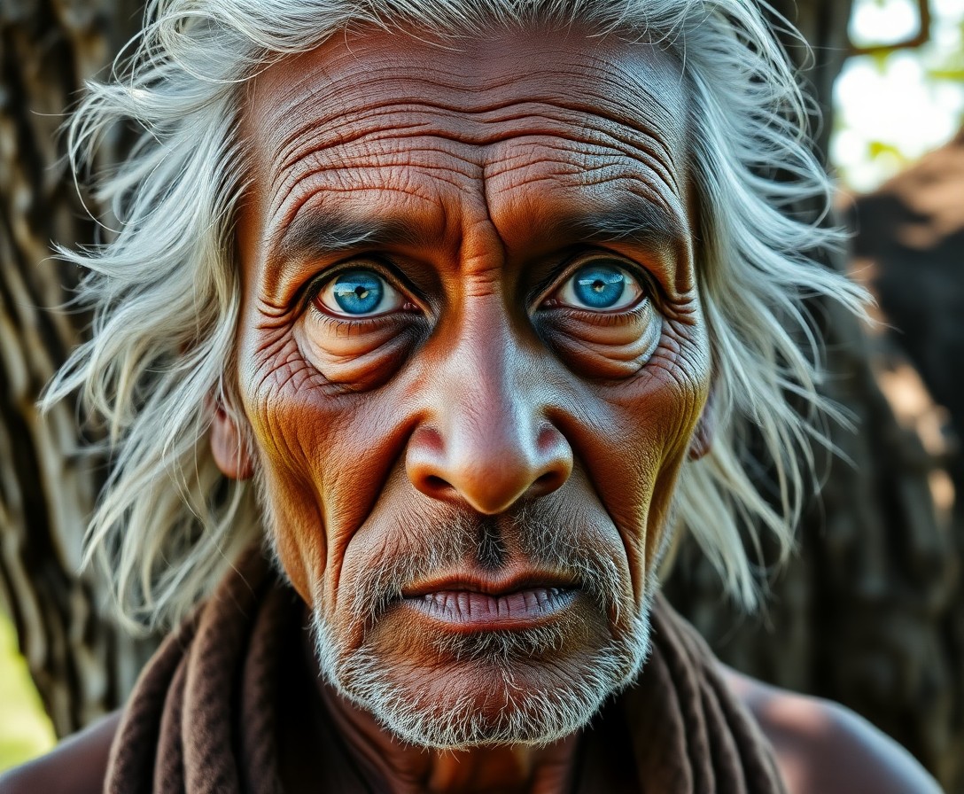 AI generated art for prompt: A high-resolution iPhone portrait showcases a stoic South Asian elder with dreamy blue eyes and rugg