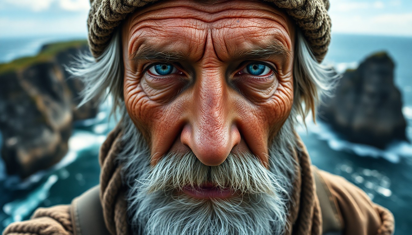 AI generated art for prompt: Craft a hyperrealistic portrait of an aged maritime explorer, their weathered face and piercing blue