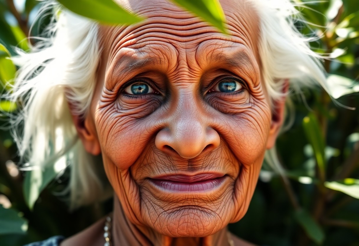 AI generated art for prompt: A super-realistic portrait captures an elderly Caribbean woman's wisdom and resilience from a low an