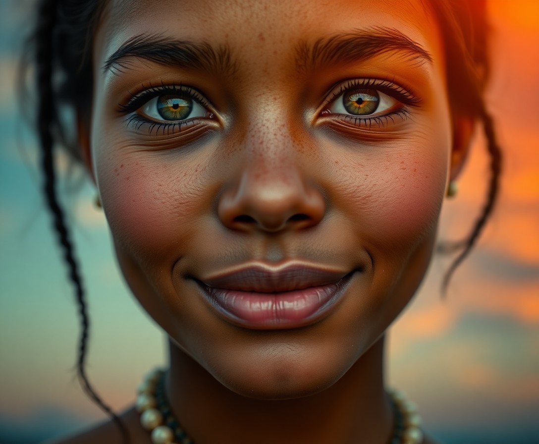 AI generated art for prompt: Craft a hyperrealistic digital portrait showcasing a close-up of a young Aboriginal woman's serene v