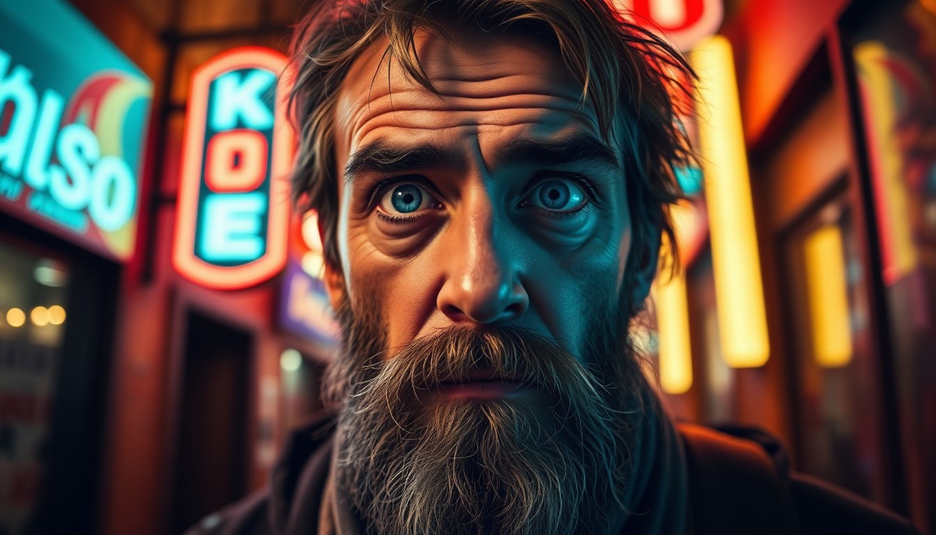 AI generated art for prompt: Envision a captivating photorealistic portrait of an enigmatic street performer, his intense blue ey