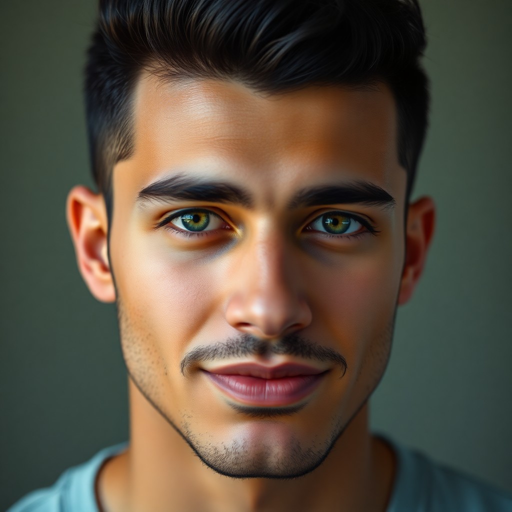 AI generated art for prompt: A photorealistic portrait photograph captures a young Middle Eastern man with intense green eyes and