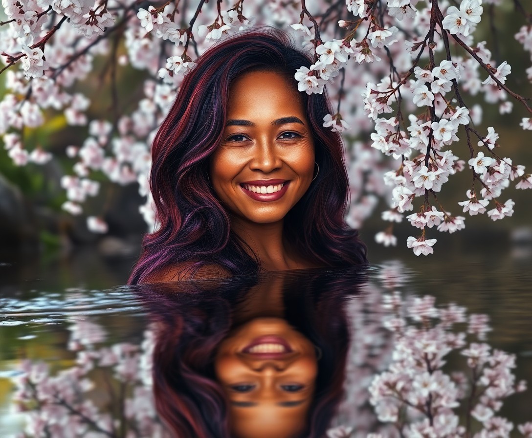 AI generated art for prompt: A serene Aboriginal woman with deep burgundy and violet hair stands near a tranquil stream, her refl