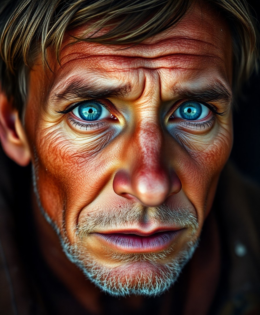 AI generated art for prompt: A highly realistic portrait depicts an aged boy with a rugged face and unfocused blue eyes, embodyin