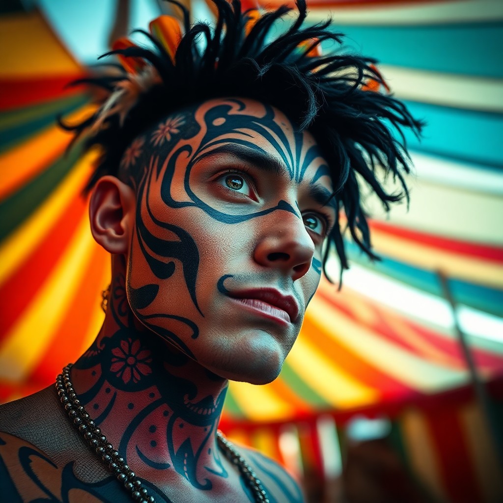 AI generated art for prompt: A captivating circus performer, their face adorned with an intriguing fusion of tattoos and traditio