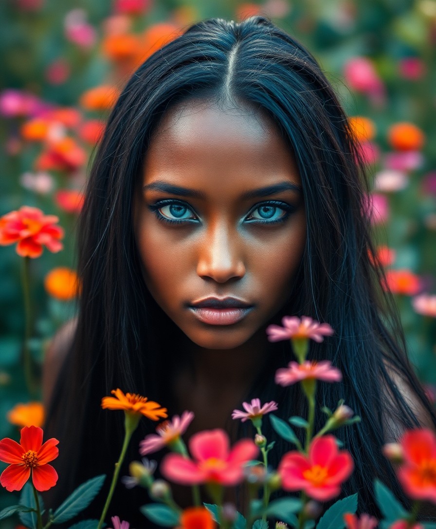 AI generated art for prompt: A captivating portrait of a mysterious Melanesian woman, her soft blue eyes and long dark hair creat