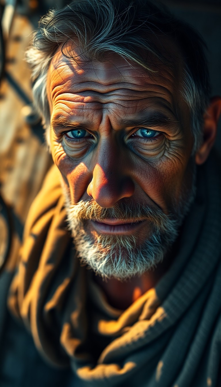 AI generated art for prompt: A photorealistic portrait of a seasoned fisherman, his sun-kissed skin and kind blue eyes reflecting