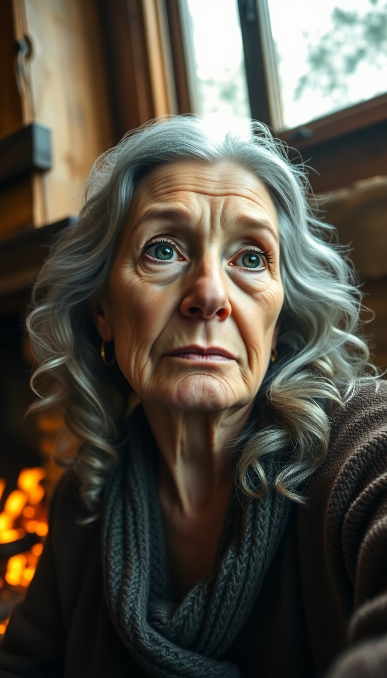 AI generated art for prompt: A photorealistic portrait captured by a smartphone showcases an elderly Slavic woman with serene gre