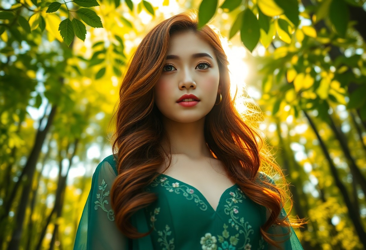 AI generated art for prompt: A young East Asian woman with compassionate green eyes and cascading auburn hair stands amidst a lus