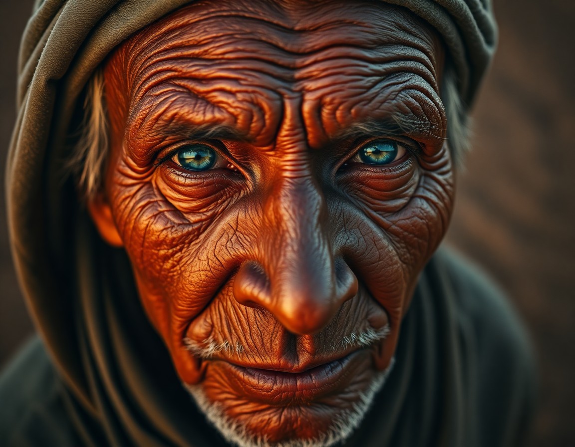 AI generated art for prompt: Craft a photorealistic portrait of an aged nomad, their 65 years etched in lines across their face, 