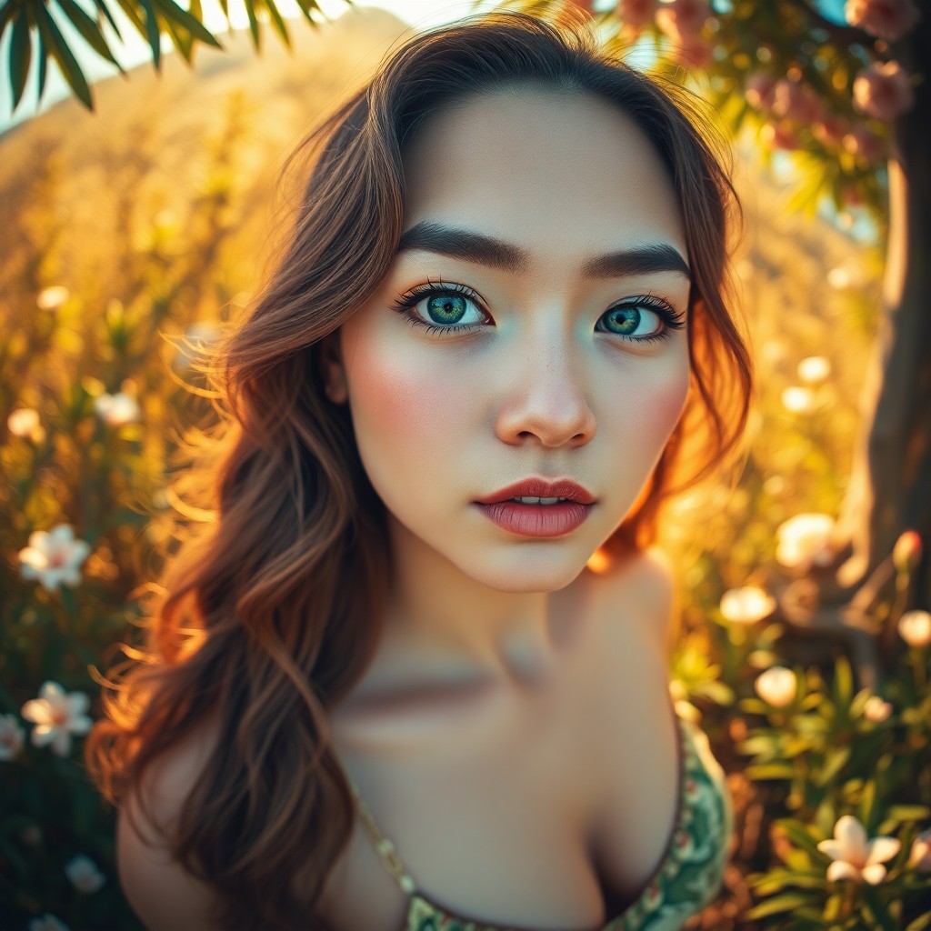 AI generated art for prompt: Craft a captivating hyperrealistic portrait of a Polynesian woman with mesmerizing emerald eyes and 