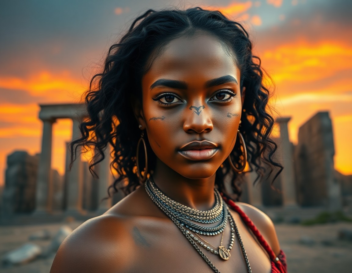 AI generated art for prompt: Craft a high-definition digital portrait of an enigmatic young African woman with olive skin and cas