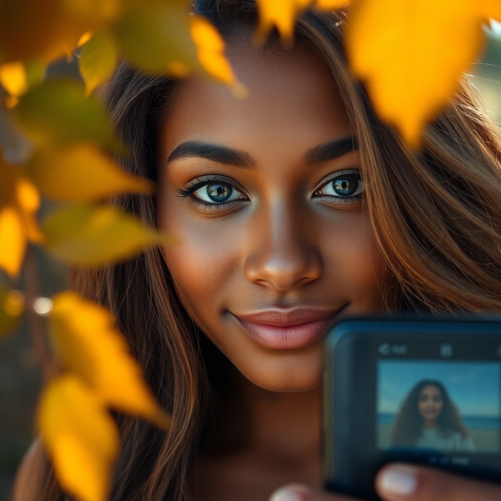 AI generated art for prompt: Craft a photorealistic portrait of a young Caribbean woman captured through a smartphone lens. Her c