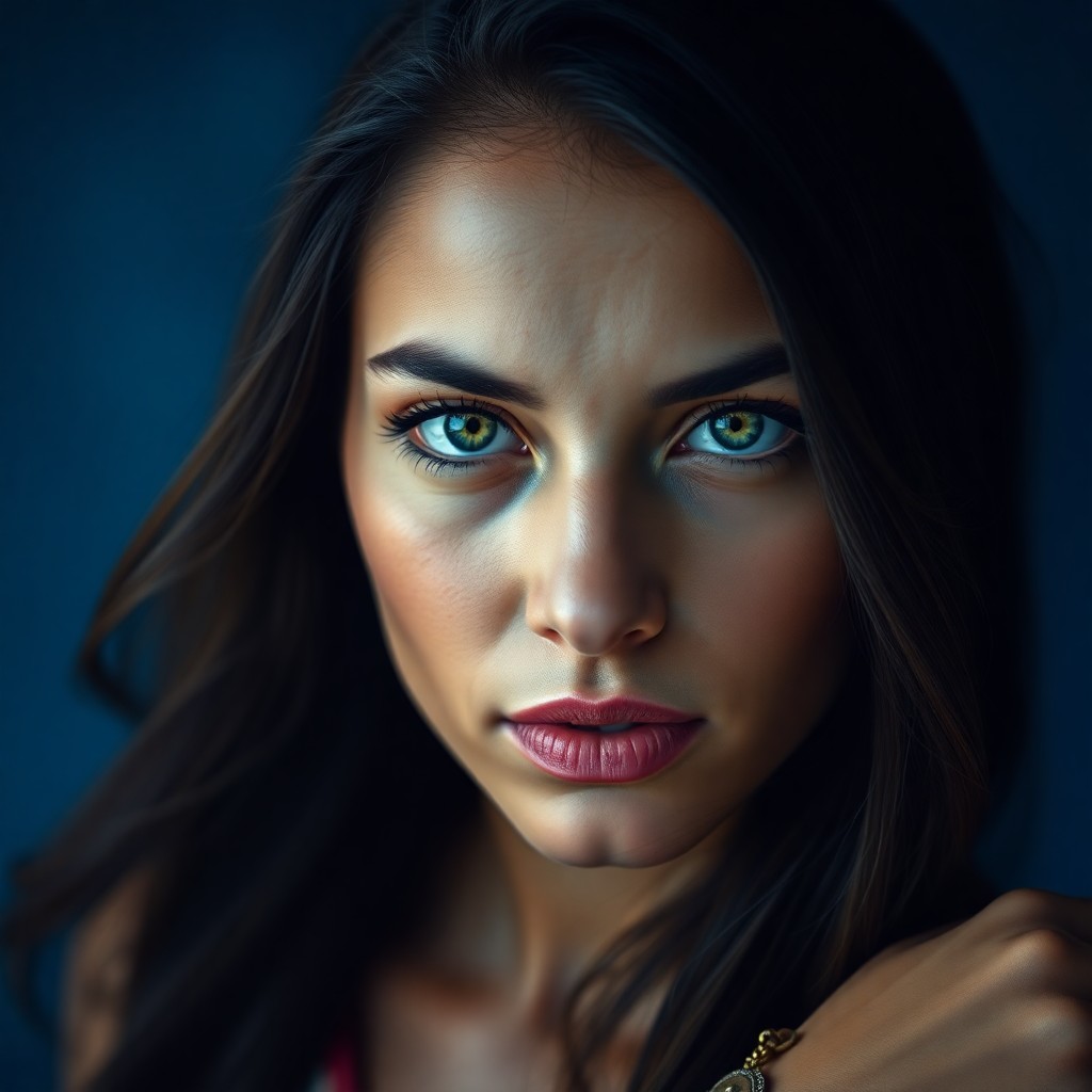 AI generated art for prompt: An ultra-realistic portrait depicts a captivating Middle Eastern woman with tender green eyes, her e